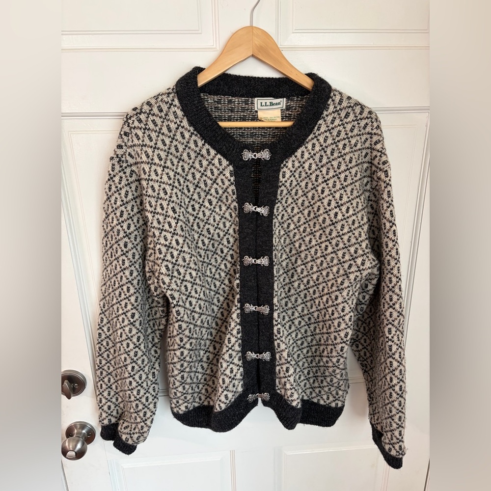VTG LL Bean Nordic Wool Blend Gray Ivory Cardigan Birdseye with Metal Closures L